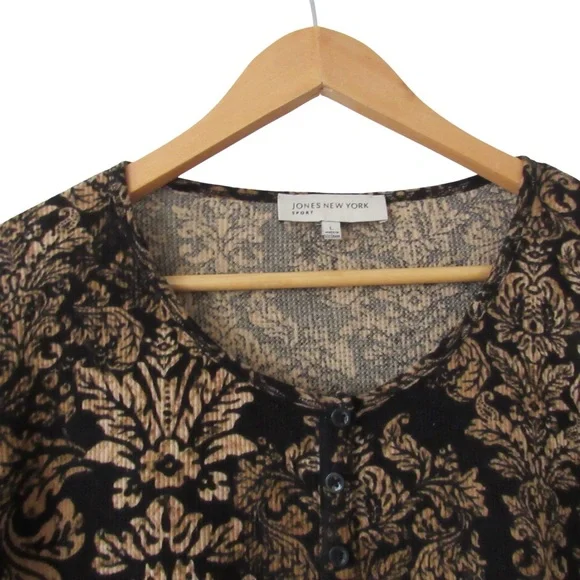 Jones New York Sport Black Brown Ribbed Henley Top Large Floral Y2K Victorian - Picture 3 of 8